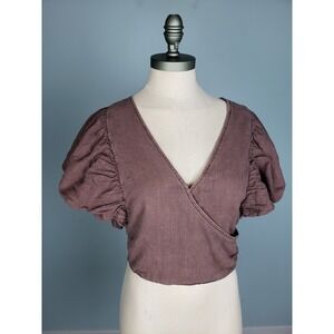 Free People Women's S Can't Get Enough Wrap Top Crop Linen Blend Brown Boho